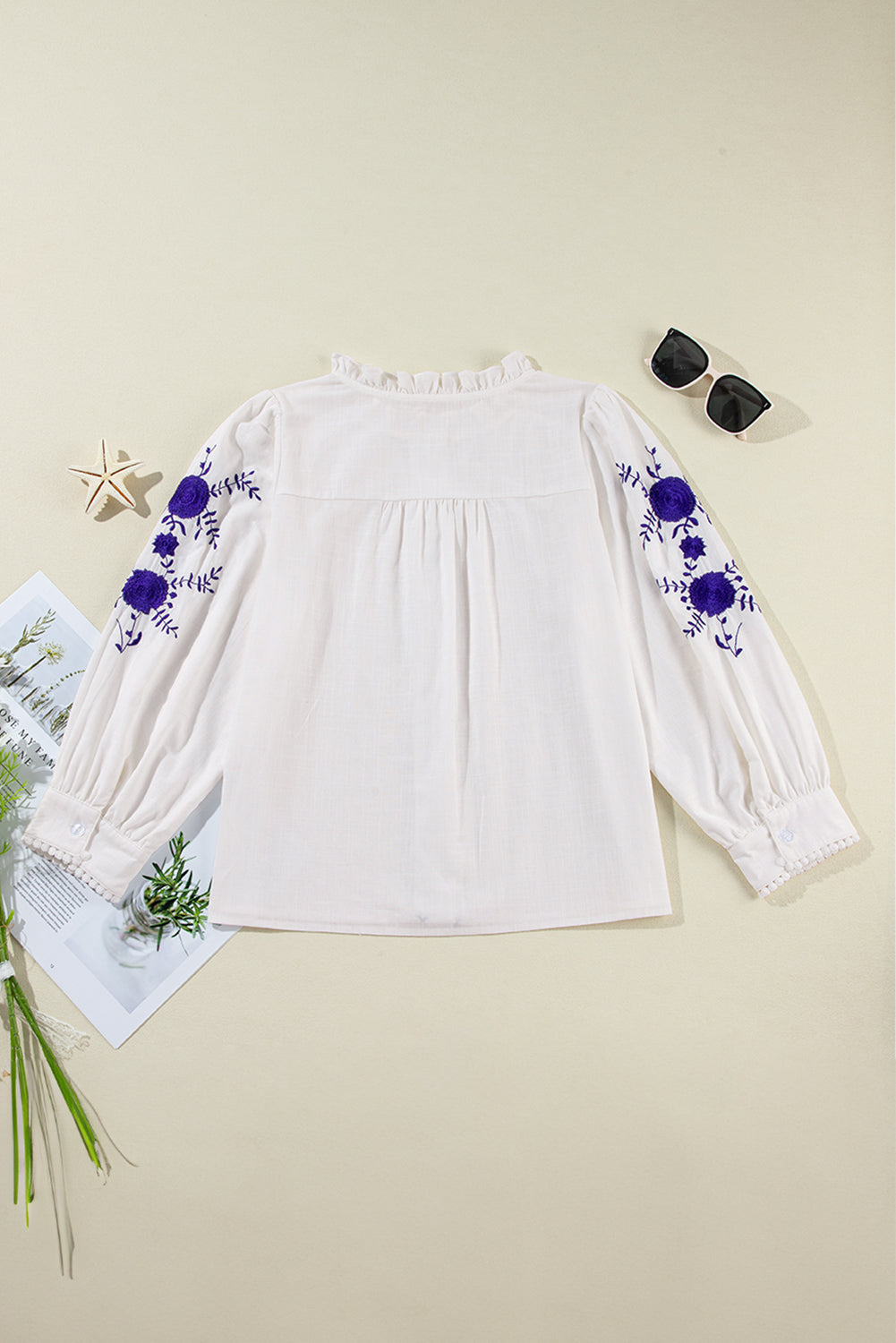 Floral Embroidered Bracelet Sleeve Shirt