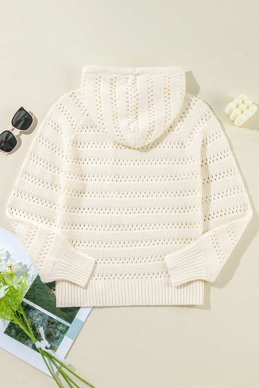 Pointelle Knit Raglan Sleeve Hooded Sweater