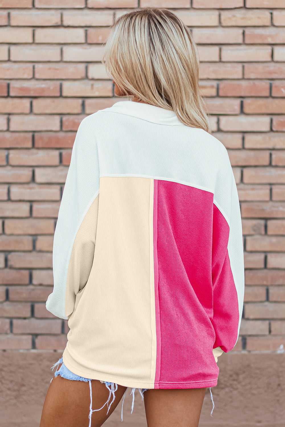 Beautiful Colorblock Ribbed Collared Oversized Sweatshirt