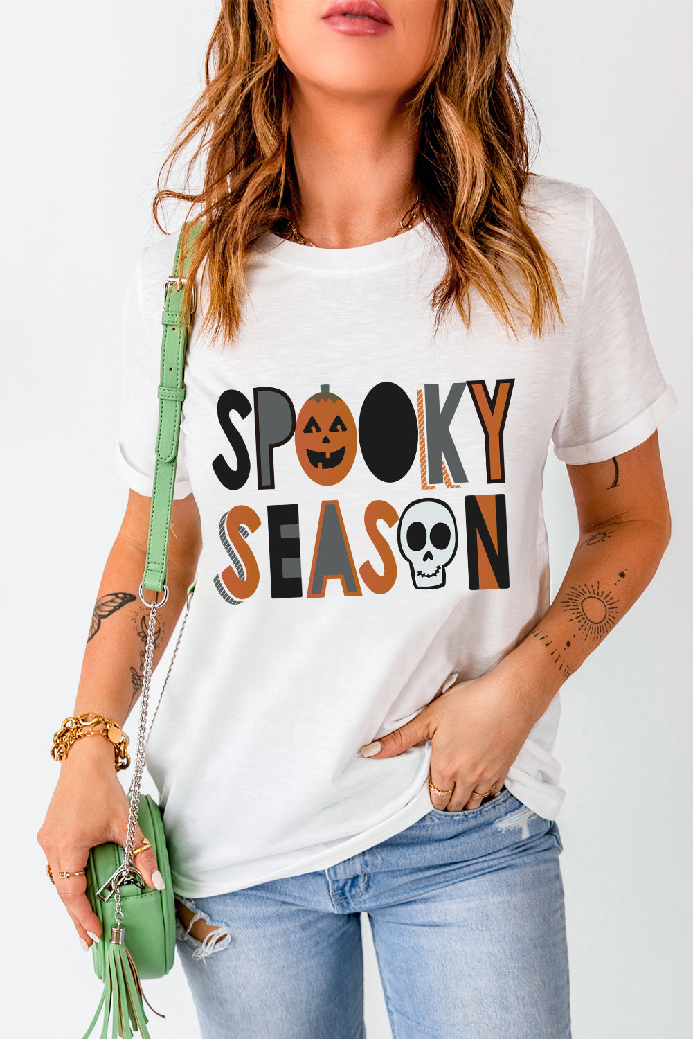 White Pumpkin Skull SPOOKY SEASON Printed Halloween T Shirt